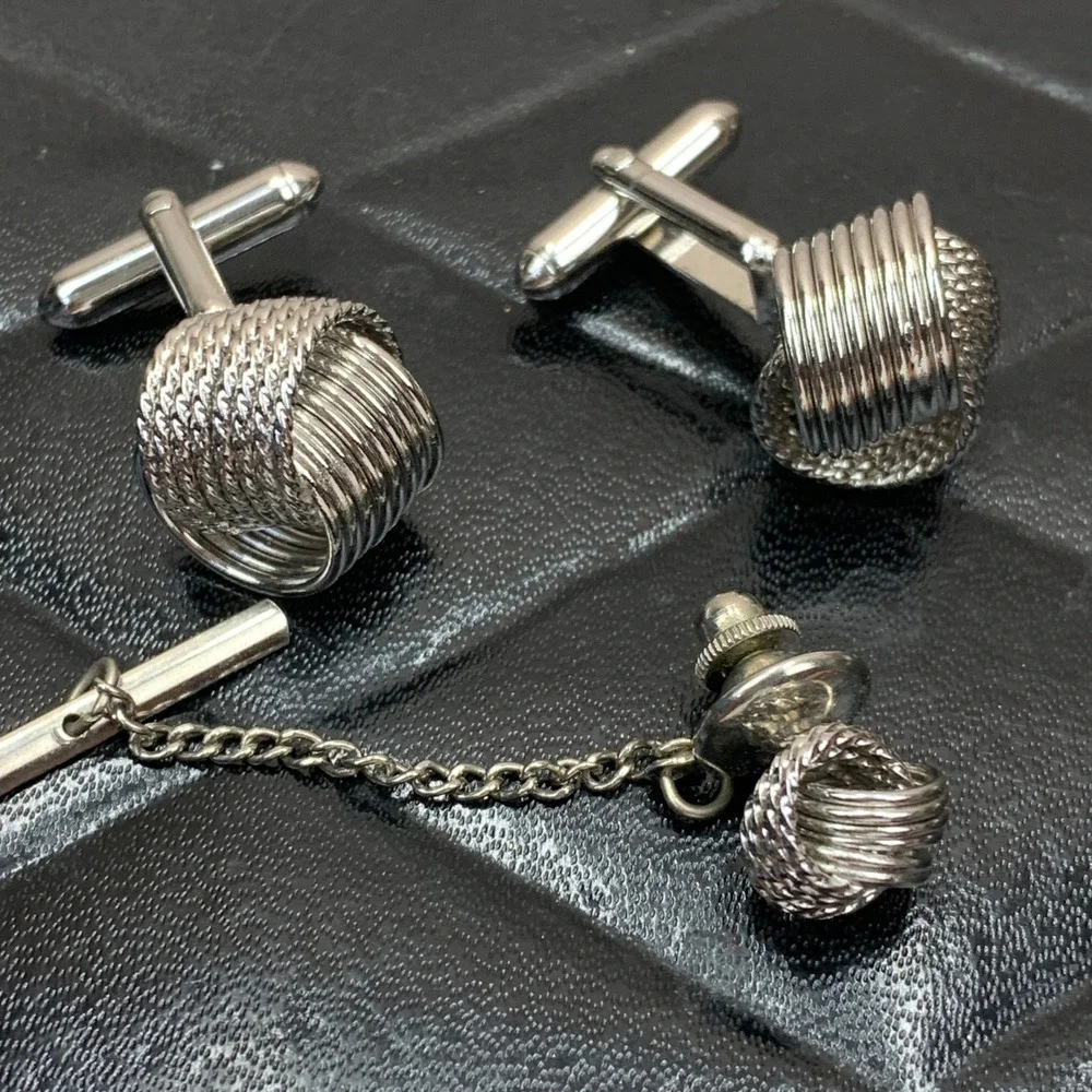 Vintage Silver Tone Woven Knot Cufflinks‎ and Tie Tack Clutch Set Mens Formal